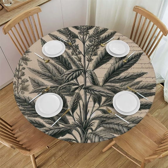 PIKWEEK Waterproof Green Yellow Pink Vintage Green Leaf Decorative Round Tablecloth White