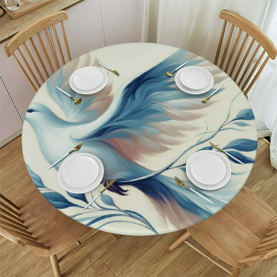 PIKWEEK White Dove Flying Round Fitted Tablecloth Elastic Edge Waterproof Oil-Proof Table Cover Stain-Resistant Table Cloth Fits Round Tables