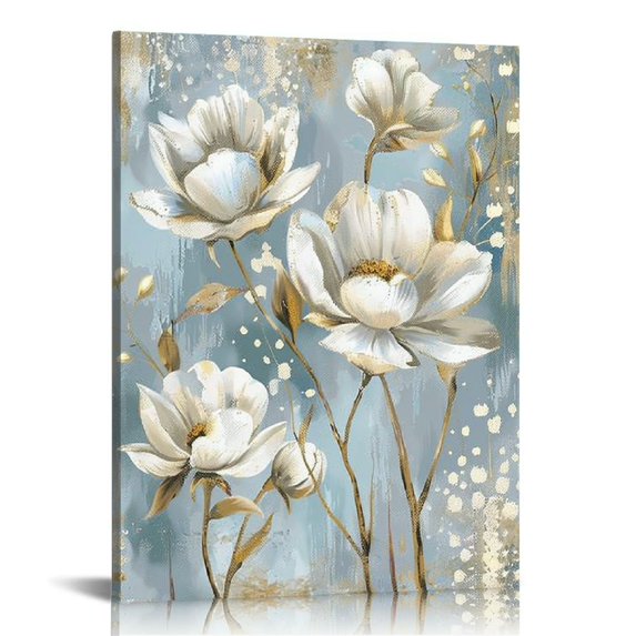 Wuche White Flower Wall Art Blooming Floral with Gold Foil Canvas Print Wall Art The Picture for Living Room Bedroom Contemporary Wall Painting Decoration Modern Abstract Artwork
