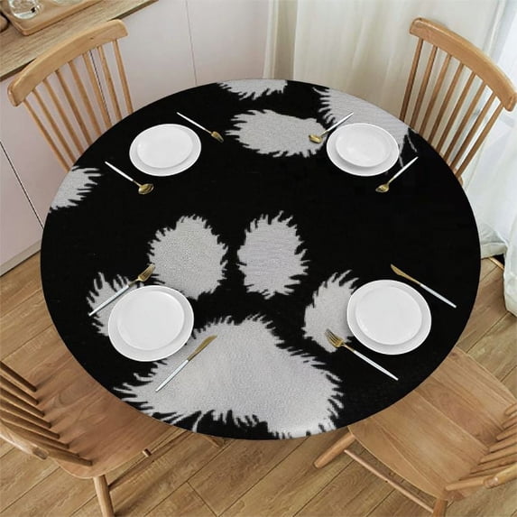 PIKWEEK White Footprints Round Tablecloths Elastic Edged Cat Dog Animal Animal Paw Black Tablecloths Washable Reusable Tablecloths for Kitchen Picnic Party