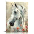 thumbnail image 1 of PIKWEEK  White Horse Canvas Wall Art Horse and Pink Floral Picture Rustic Animal Painting Wildlife Poster Home Farmhouse Decor Frame, 1 of 5