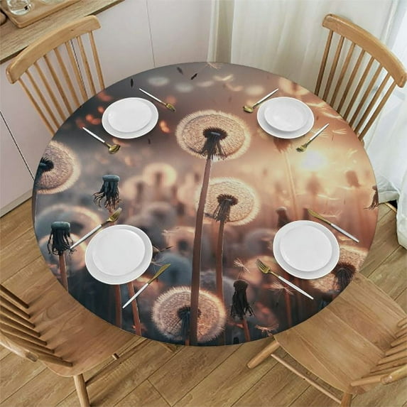 PIKWEEK Wild Dandelion Round Fitted Tablecloth Fitted Table Cloth for Round Table Waterproof Wipeable Round Elastic Table Cloth Circular Table Cover with Elastic Edge