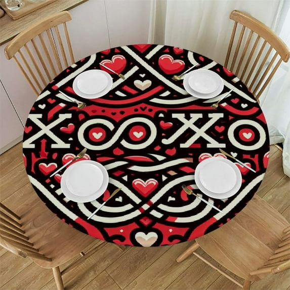 PIKWEEK Word XOXO with Hearts Round Tablecloth, Fitted Round Table Cloth with Elastic Edge Wipeable Table Protector for Indoor Outdoor Party Picnic
