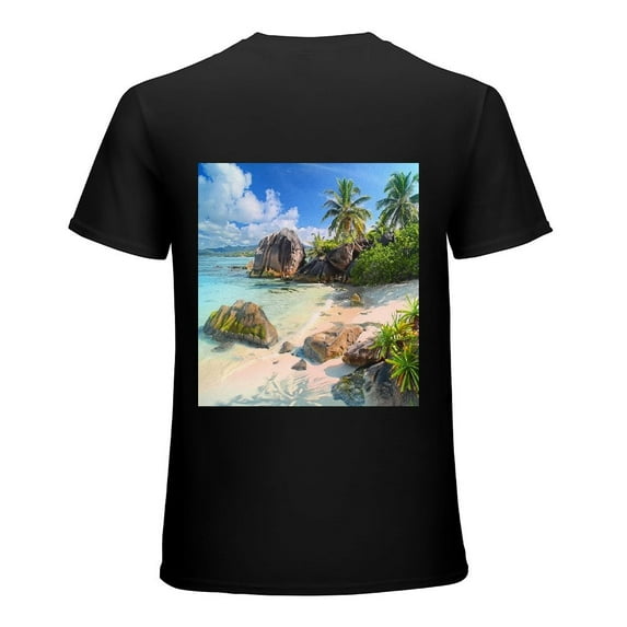 Wuche YP0750 Beach Stone Coconut Tree Beach Landscape Painting Bedroom Natural Picture, Shirt Design Art Display, T-shirt Children's Gift Leisure Breathable Men, Women, Boys and Girls Black