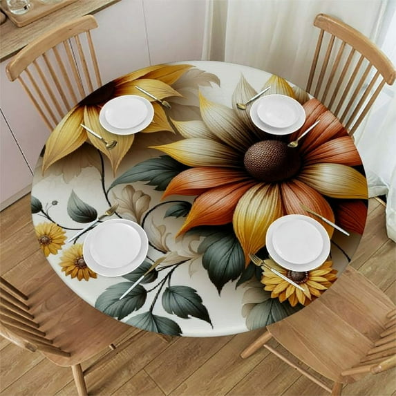 PIKWEEK Yellow Flowers Round Fitted Tablecloth with Elastic Edge Fitted Table Cloth for Round Table Circular Table Cover Waterproof Wipeable Round Elastic Table Cloth