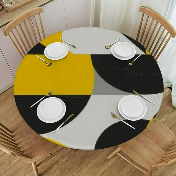 PIKWEEK Yellow Geometric Pattern Fitted Round Tablecloth Waterproof Table Cloth with Elastic Edge Wipe Clean Table Cover for Indoor Outdoor