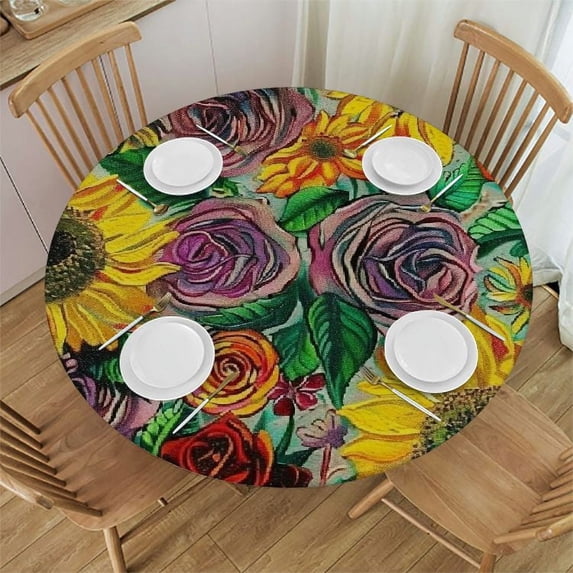 PIKWEEK Yellow Green Fitable Fitted Round Table Cover with Elastic Sunflowers Wildflowers Branch Round Fitted Table Cover with Elastic Edges Floral Tables
