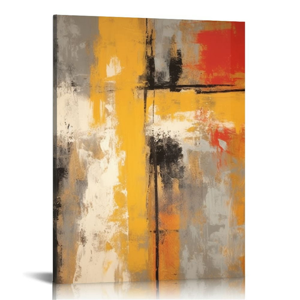 PIKWEEK Yellow and Grey Abstract Wall Art Modern Orange Bathroom Decor ...