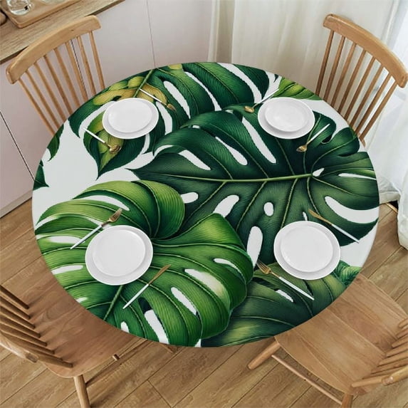 PIKWEEK with Elastic Edge Palm Leaves Tropical Leaf Jungle Palms Outdoor Round Tablecloth White