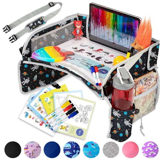 PILLANI Kids Travel Tray for Car - Car Seat Tray for Kids Travel, Road Trip Essentials, Carseat Table for Roadtrip Activities - Must Have Toddler Lap Desk Organizer for Airplane - Car Accessories