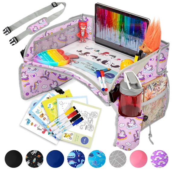 PILLANI Kids Travel Tray for Car - Car Seat Tray for Kids Travel, Road Trip Essentials, Carseat Table for Roadtrip Activities - Must Have Toddler Lap Desk Organizer for Airplane - Car Accessories