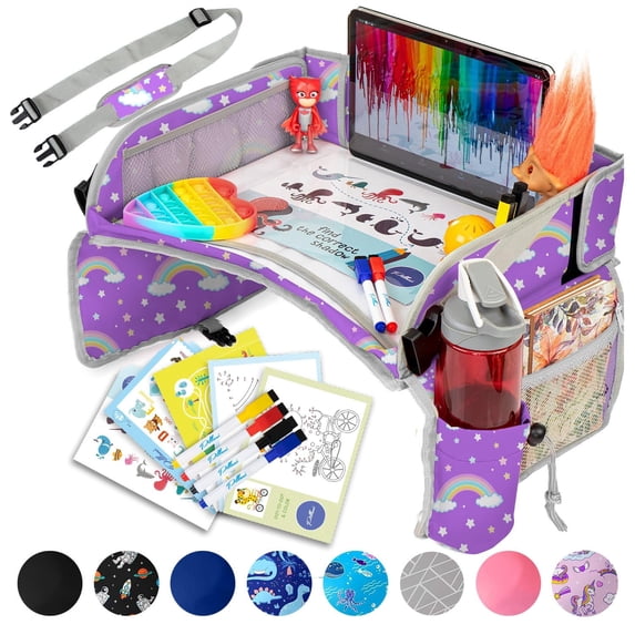 PILLANI Kids Travel Tray for Car - Car Seat Tray for Kids Travel, Road Trip Essentials, Carseat Table for Roadtrip Activities - Must Have Toddler Lap Desk Organizer for Airplane - Car Accessories