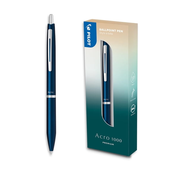 PILOT - Acroball 1000 Ballpoint Pen - Medium Tip - 1 x Refillable Black Ink Pen in Navy Blue Gift Box