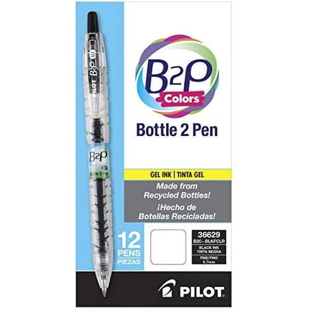 PILOT B2P Colors - Bottle to Pen Refillable & Retractable Rolling Ball Gel Pen Made From Recycled Bottles, Fine Point, Black G2 Ink/Clear Barrel, 12-Pack (36629)