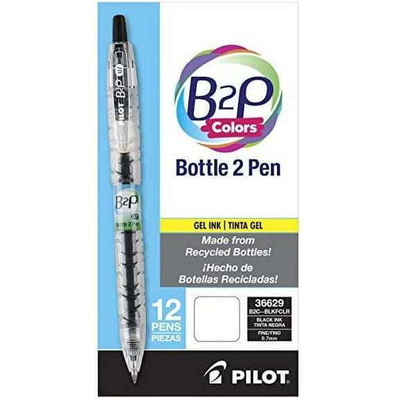 PILOT B2P Colors - Bottle to Pen Refillable & Retractable Rolling Ball Gel Pen Made From Recycled Bottles, Fine Point, Black G2 Ink/Clear Barrel, 12-Pack (36629)