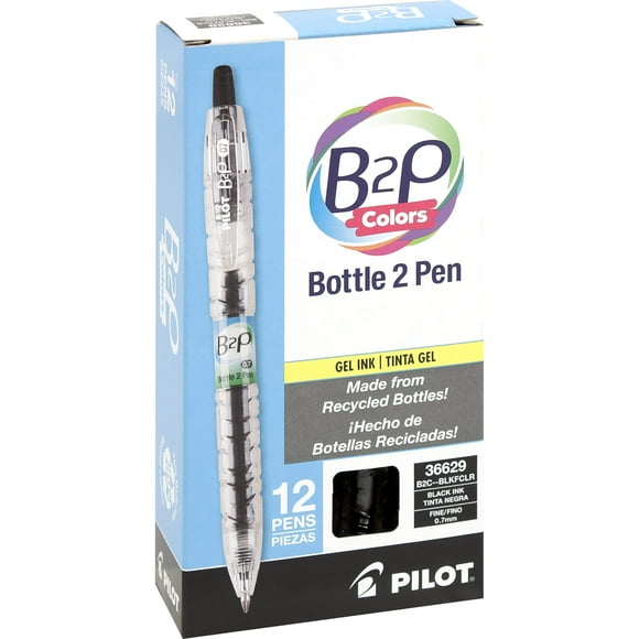 Pilot B2P Colors, Bottle to Pen, Retractable Gel Roller Pens Made from Recycled Bottles, Fine, Black Ink, Clear Barrel, Dozen Box -36629