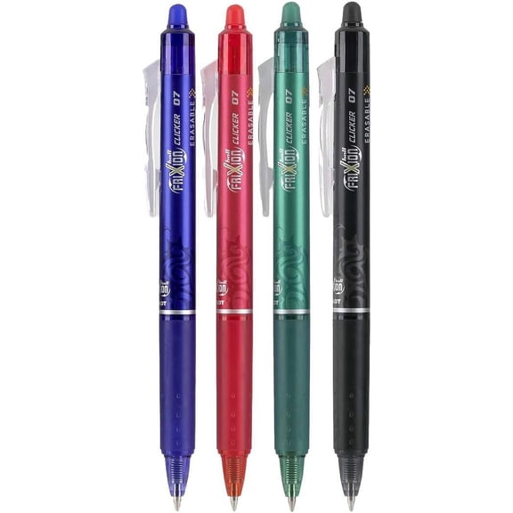 PILOT FriXion Clicker Erasable Refillable Gel Rollerball Pen with Push Mechanism Thermosensitive Ink Medium Tip 4 Count Blue/Black/Green/Red