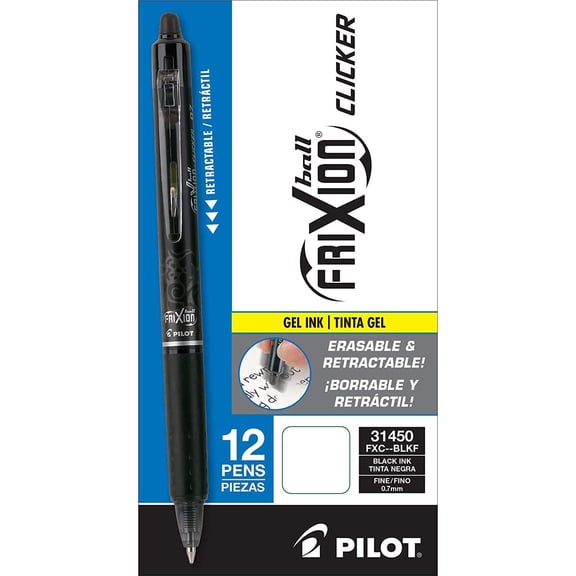 PILOT FriXion Clicker Erasable, Refillable And Retractable Gel Ink Pens, Fine Point, Black Ink, 12-Pack (31450)
