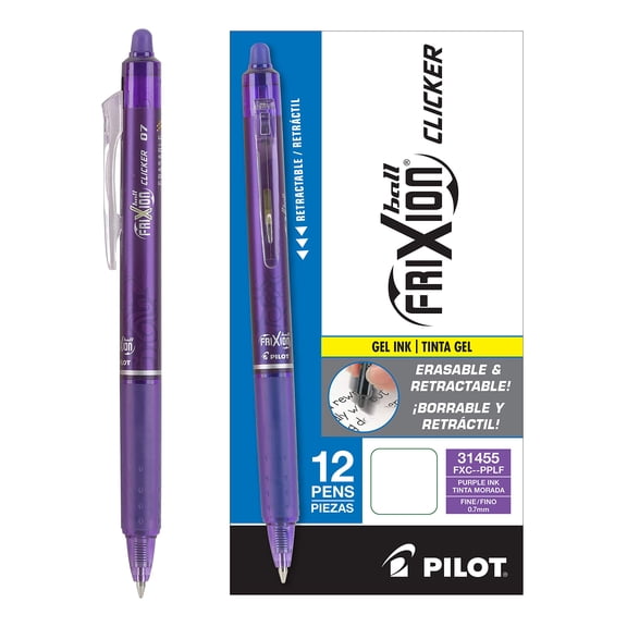 PILOT FriXion Clicker Erasable, Refillable & Retractable Gel Ink Pens, Fine Point, Purple Ink, 12-Pack (31455)