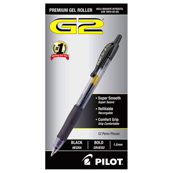 PILOT G2 Premium Refillable & Retractable Rolling Ball Gel Pens, Bold Point, Black Ink, 12-Pack (31256)