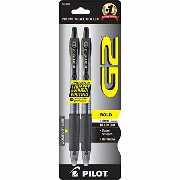 Pilot G2 Retractable Gel Ink Pens, Bold Point, Black, 2 Pack, 17510781 (Pack of 6)