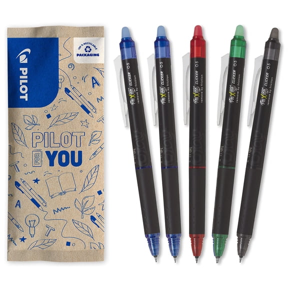 PILOT - Pack of 5 - FriXion Point Clicker 0.5 - Retractable, Erasable Thermo Sensitive Ink Pen - 1 Black, 2 Blue, 1 Red,1 Green - Refillable Pen - Fine Point