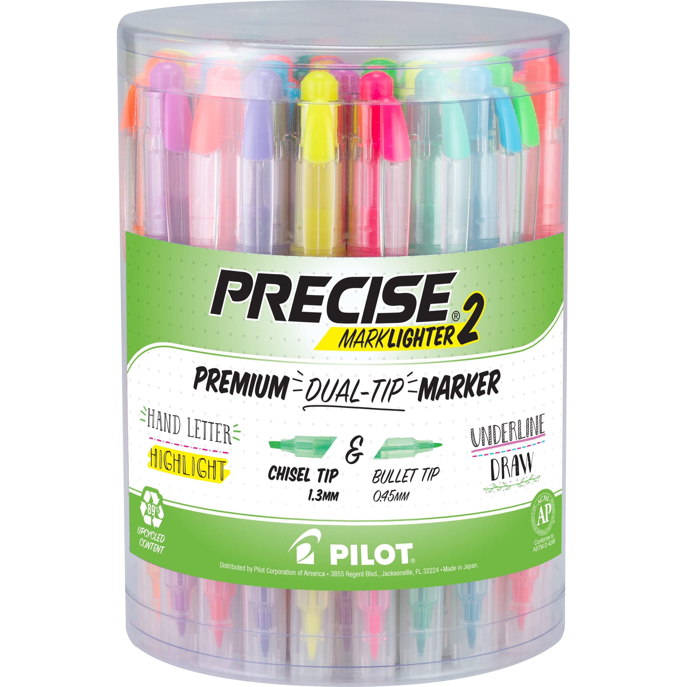 PILOT Precise Marklighter2 Premium Dual-Tip Highlighter, Chisel & Fine Tip, Assorted Colors, 36 Count Tub (16165)