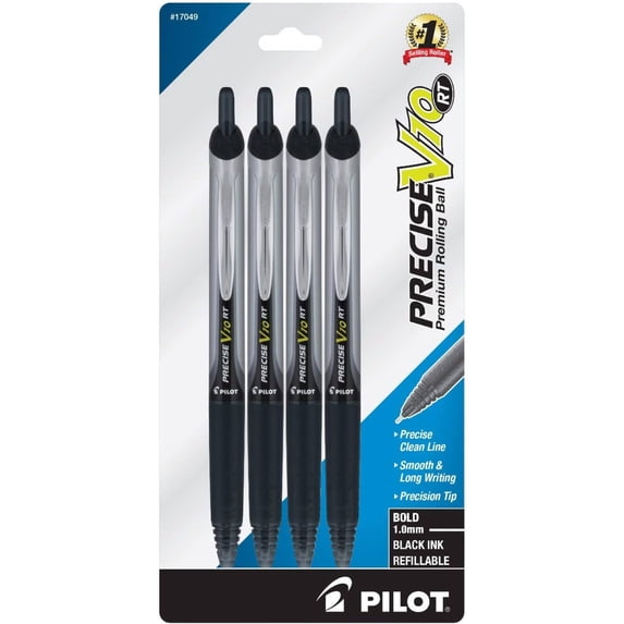PILOT Precise V10 RT Refillable & Retractable Rolling Ball Pens, Bold Point, Black Ink, 4-Pack