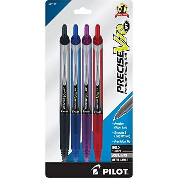 PILOT Precise V10 Retractable Rolling Ball with Liquid Ink, 1.0mm Bold Point, Assorted Colors, 4-pk