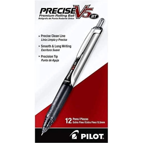 PILOT Precise V5 RT Refillable & Retractable Liquid Ink Rolling Ball Pens, Extra Fine Point (0.5mm) Black Ink, 12-Pack (26062) (Dozen Box, 1-Pack (Black))