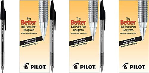 PILOT The Better Ball Point Pen Refillable Ballpoint Stick Pens, Medium Point, Black Ink, 12-Pack (35711)-3 Pack