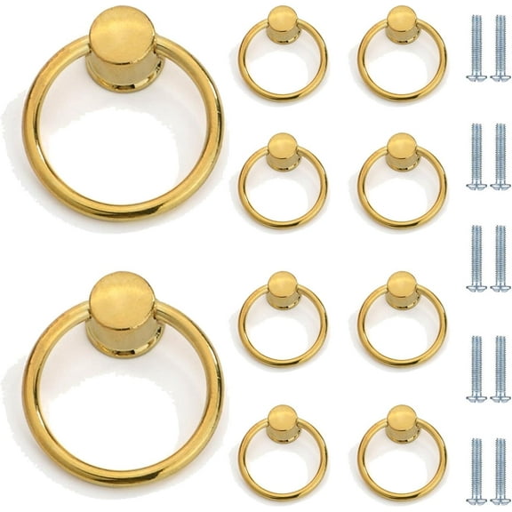 PILYON Cabinet Handles 10 Pack Ring Black Ring Drawer Ring Single Hole Pull Ring Cabinet Door Handle Large Gold