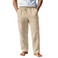 thumbnail image 1 of PIMSSY Men Casual Summer Pants With Stretch Drawstring Waist Multiple Pockets Lightweight Linen Beach Trousers For Outdoor Travel Male Leisure Solid Color Slacks, 1 of 4