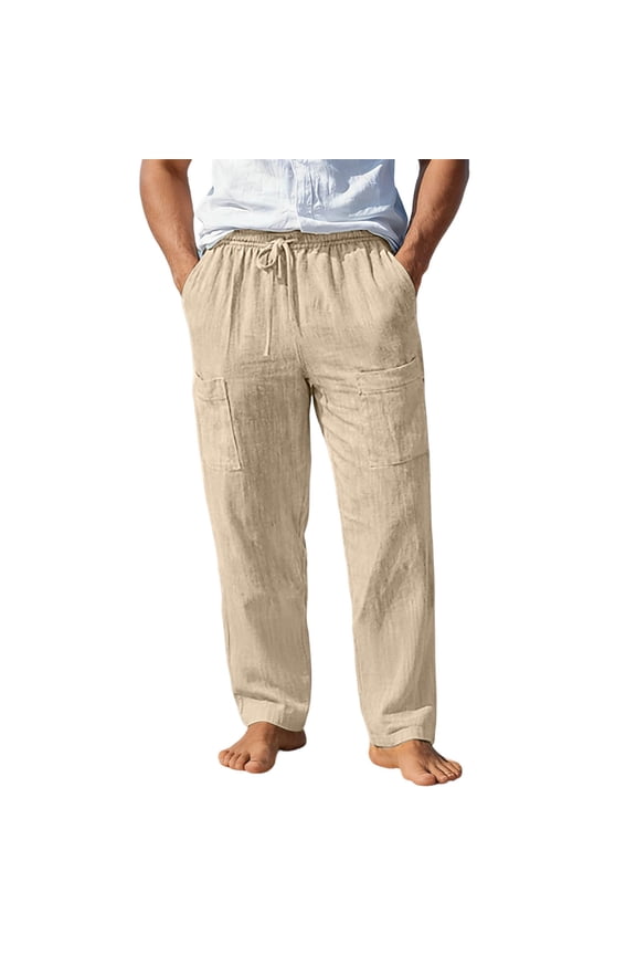Men Casual Summer Pants With Stretch Drawstring Waist Multiple Pockets Lightweight Linen Beach Trousers For Outdoor Travel Male Leisure Solid Color Slacks