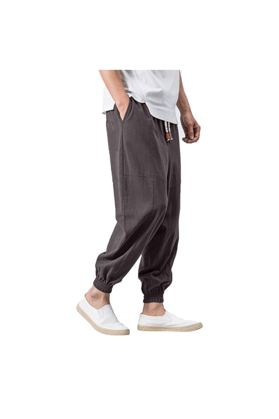 Men Pants Casual Drawstring Trousers Lightweight Linen Blend Relaxed Fit Drop Crotch Style Elastic Ankle Pants Male Trendy Solid Color Slacks