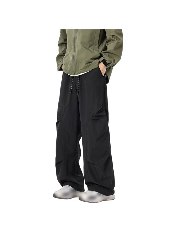 Men Pants Casual Drawstring Wide Leg Pants Retro Plaid Patchwork Hem Loose Fit Straight Leg Unisex Trousers For Autumn Male Comfort Solid Color Slacks
