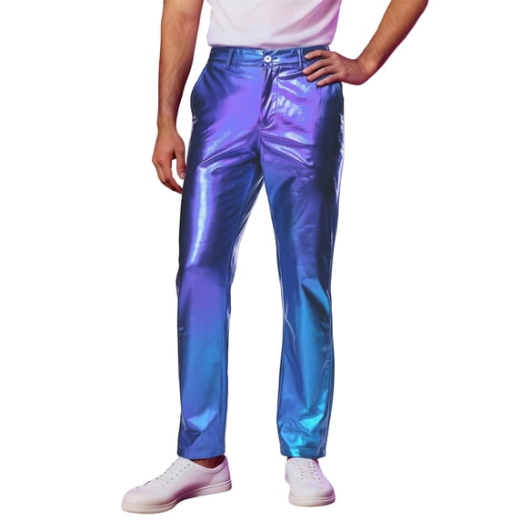 PIMSSY Men Pants Metallic Disco Pants Shiny Straight Leg Casual Trousers For Party Dance Club Night Out Comfortable Fit Male Soft Solid Color Slacks