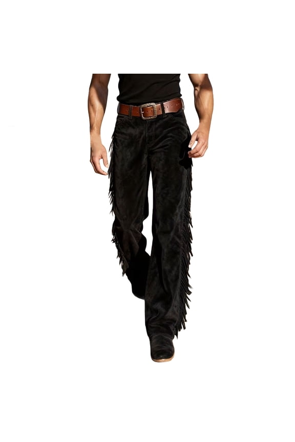 Men Pants Western Style Casual Trousers With Fringe Detail And Like Texture For Comfortable Everyday Wear Male Comfort Solid Color Slacks