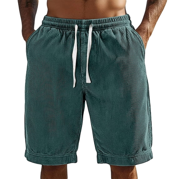 PIMSSY Men Shorts Corduroy Casual Relaxed Fit Summer Comfort Soft Elastic Waist With Pockets Boho Solid Color Bottoms