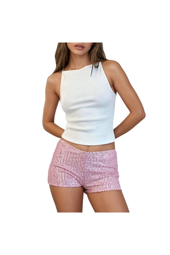 Women Shorts Sexy Sequin Micro Shorts Low Rise Glitter Shorts Mini Rave Booty Bottoms Trendy Simple Solid Color Bottoms