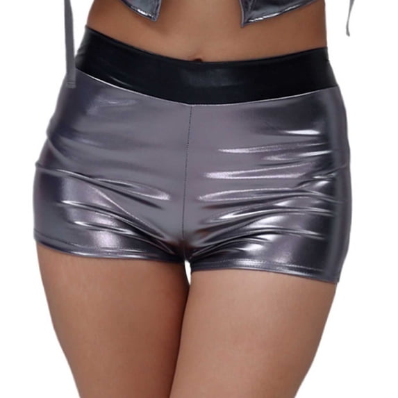 PIMSSY Women Shorts Solid Color Shiny Leather Stage Performance Sexy Hot Pants Gold Embossed Leather High Waist Shorts Holiday Bottoms