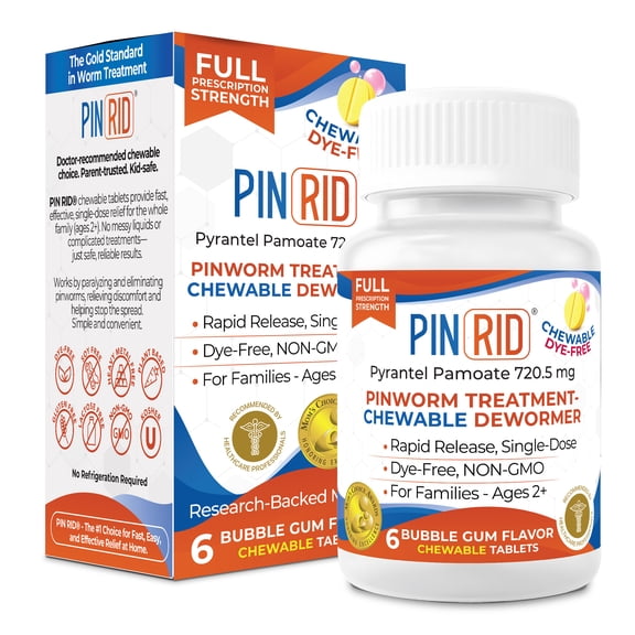 Pin Rid Pinworm Dewormer Chewable Tablets, 250mg Pyrantel Pamoate, 6 Count