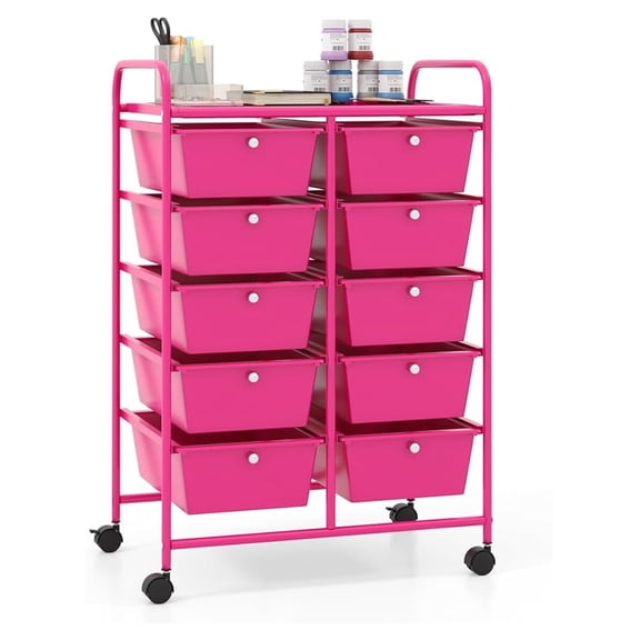 PINDEE 10 Drawers Rolling Cart, Classroom Organizers, Storage Cart with Wheels, for Teacher Office Home School Supplies Tool Craft Art Paper, Hot Pink