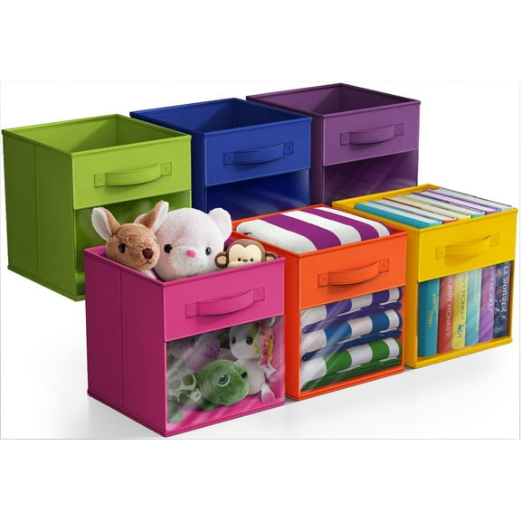 PINDEE 11 Inch Storage Bins with Clear Window - 6 Foldable Baskets for Organizing Clothes, Books - Sturdy Collapsible Fabric Storage Cubes with Handle - Storage Baskets for Shelves,Multi Dark-1