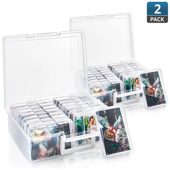 PINDEE 2 Pack Photo Storage Box with Handle,Photo Case Craft Keeper Organizer Container with 16 Inner Case and Label for Pictures, Arts, Crafts, Sewing, Stickers, Office Supplies - Clear