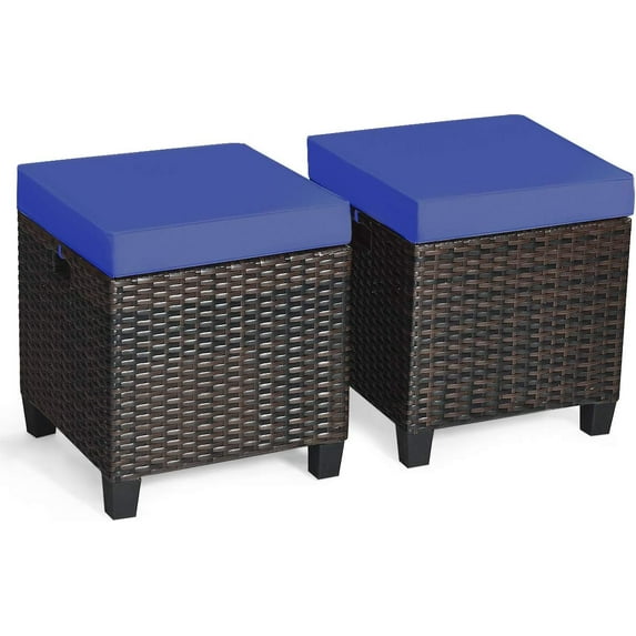PINDEE 2 Pieces Outdoor Patio Ottoman, All Weather Rattan Wicker Ottoman Seat, Patio Rattan Furniture, Outdoor Footstool Footrest Seat w/Removable Cushions, Mix Brown + Navy Blue