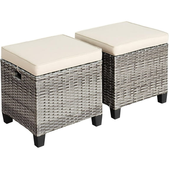 PINDEE 2 Pieces Outdoor Patio Ottoman, All Weather Rattan Wicker Ottoman Seat, Patio Rattan Furniture, Outdoor Footstool Footrest Seat w/Removable Cushions, Mix Grey + White