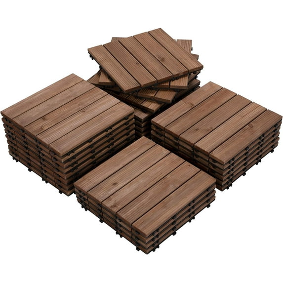 PINDEE 27-Piece Premium Fir Wood Outdoor Flooring for Garden Poolside & Indoor Spaces – Easy Install Non-Slip Weather-Resistant Modular Deck Tiles, Brown