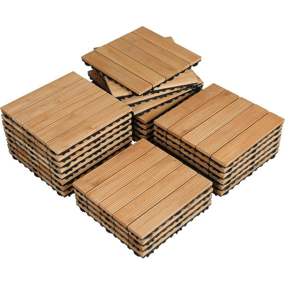 PINDEE 27-Piece Premium Fir Wood Outdoor Flooring for Garden Poolside & Indoor Spaces – Easy Install Non-Slip Weather-Resistant Modular Deck Tiles, Natural Wood