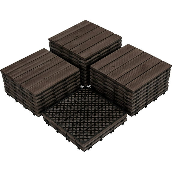 PINDEE 27PCS Patio Deck Tiles Interlocking Wood Decking Floor Tiles 12 x 12in Natural Wood for Outdoor & Indoor Patio Garden Deck Poolside,Black-Straight